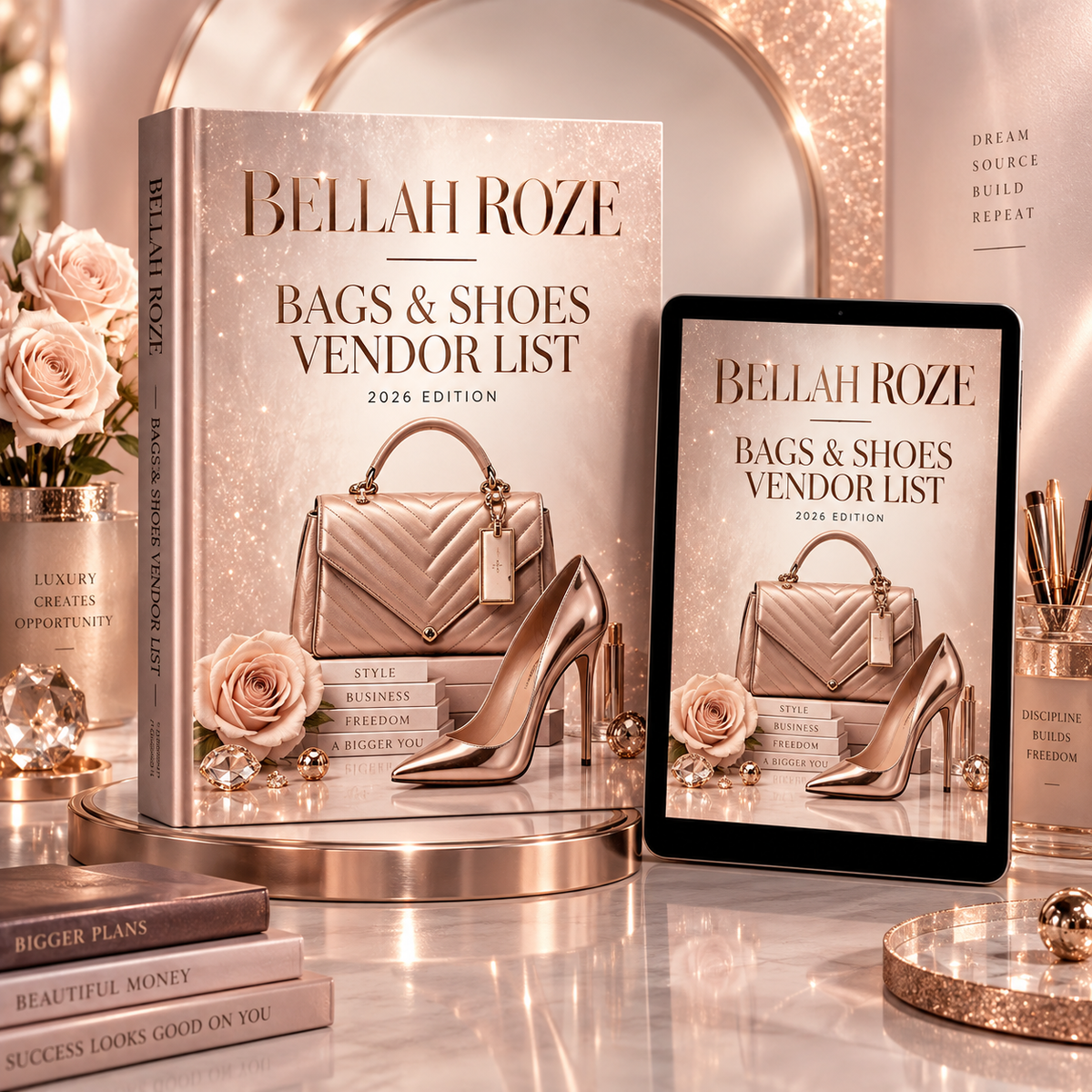 Bags & Shoes Vendor List — Bellah Roze luxury rose-gold digital guide mockup