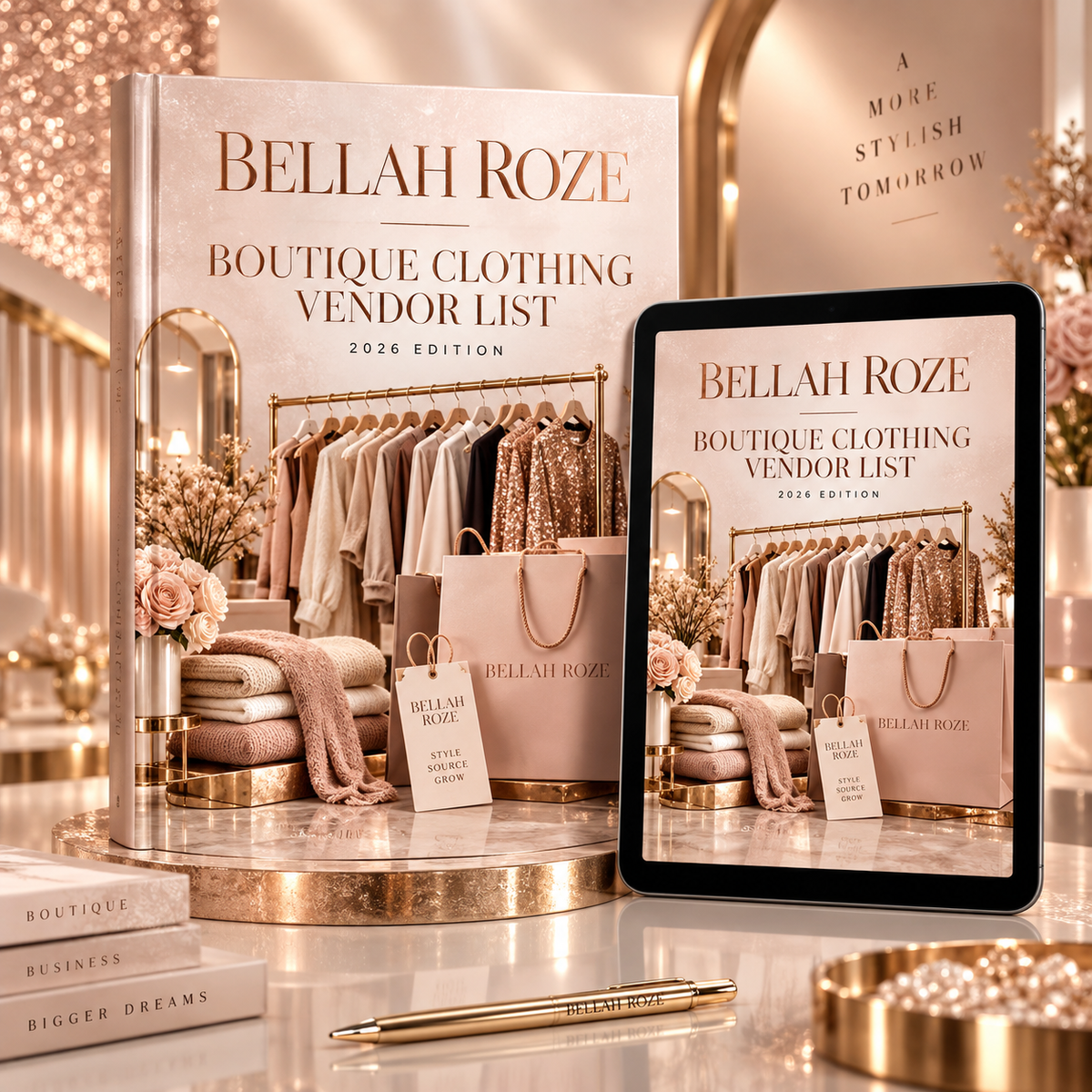 Boutique Clothing Vendor List — Bellah Roze luxury rose-gold digital guide mockup