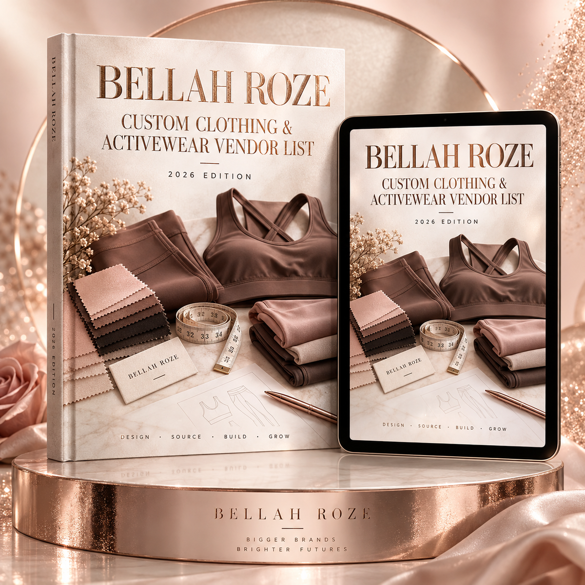 Custom Clothing & Activewear Vendor List — Bellah Roze luxury rose-gold digital guide mockup