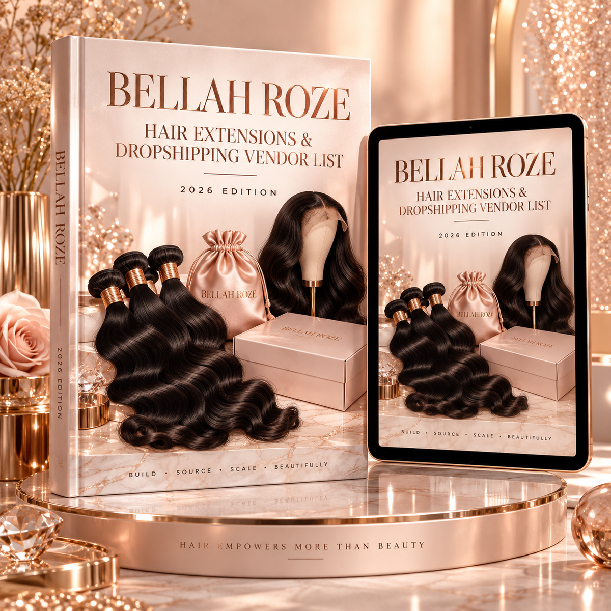 Hair Extensions & Dropshipping Vendor List — Bellah Roze luxury rose-gold digital guide mockup