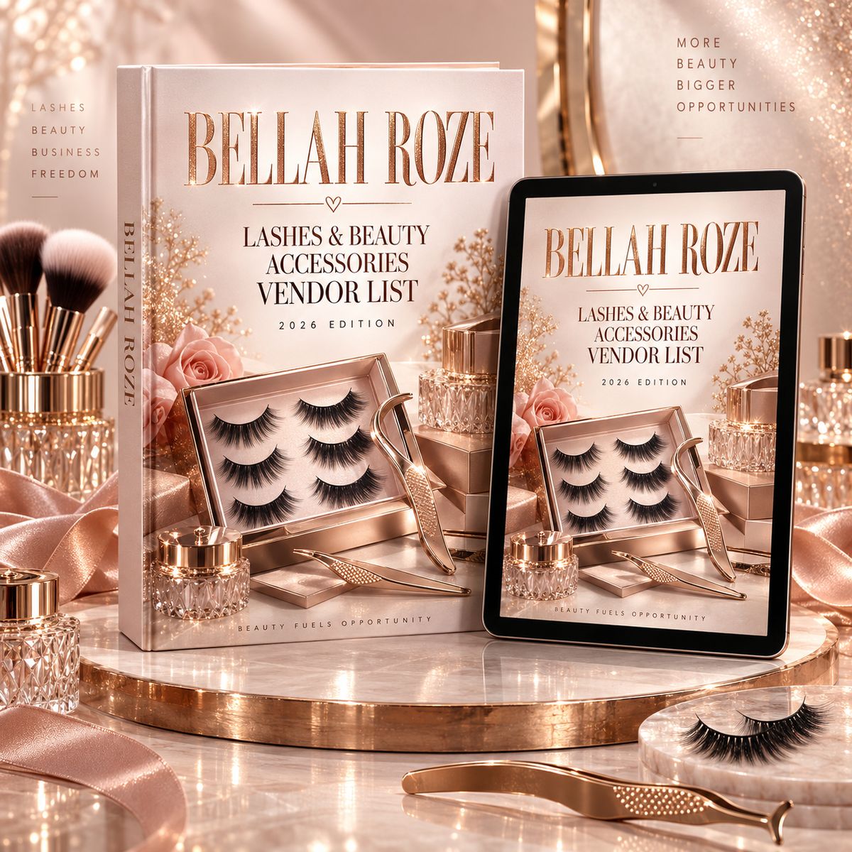Lashes & Beauty Accessories Vendor List — Bellah Roze luxury rose-gold digital guide mockup