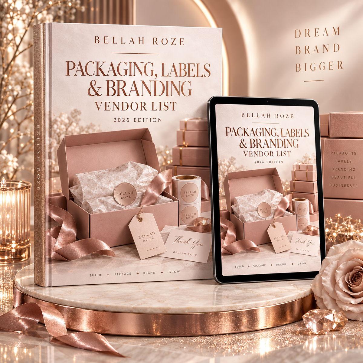Packaging, Labels & Branding Vendor List — Bellah Roze luxury rose-gold digital guide mockup