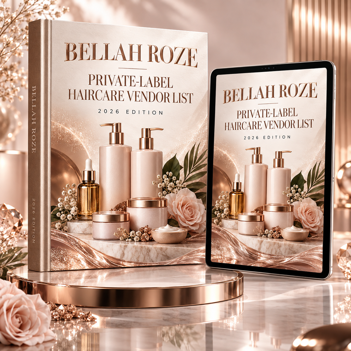 Private-Label Haircare Vendor List — Bellah Roze luxury rose-gold digital guide mockup