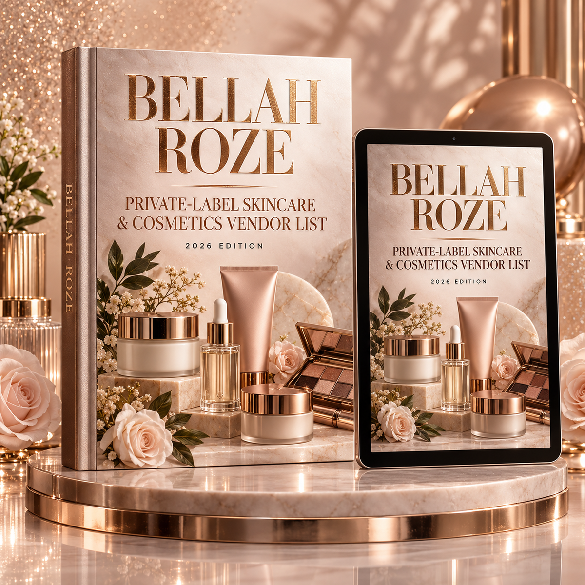 Private-Label Skincare & Cosmetics Vendor List — Bellah Roze luxury rose-gold digital guide mockup