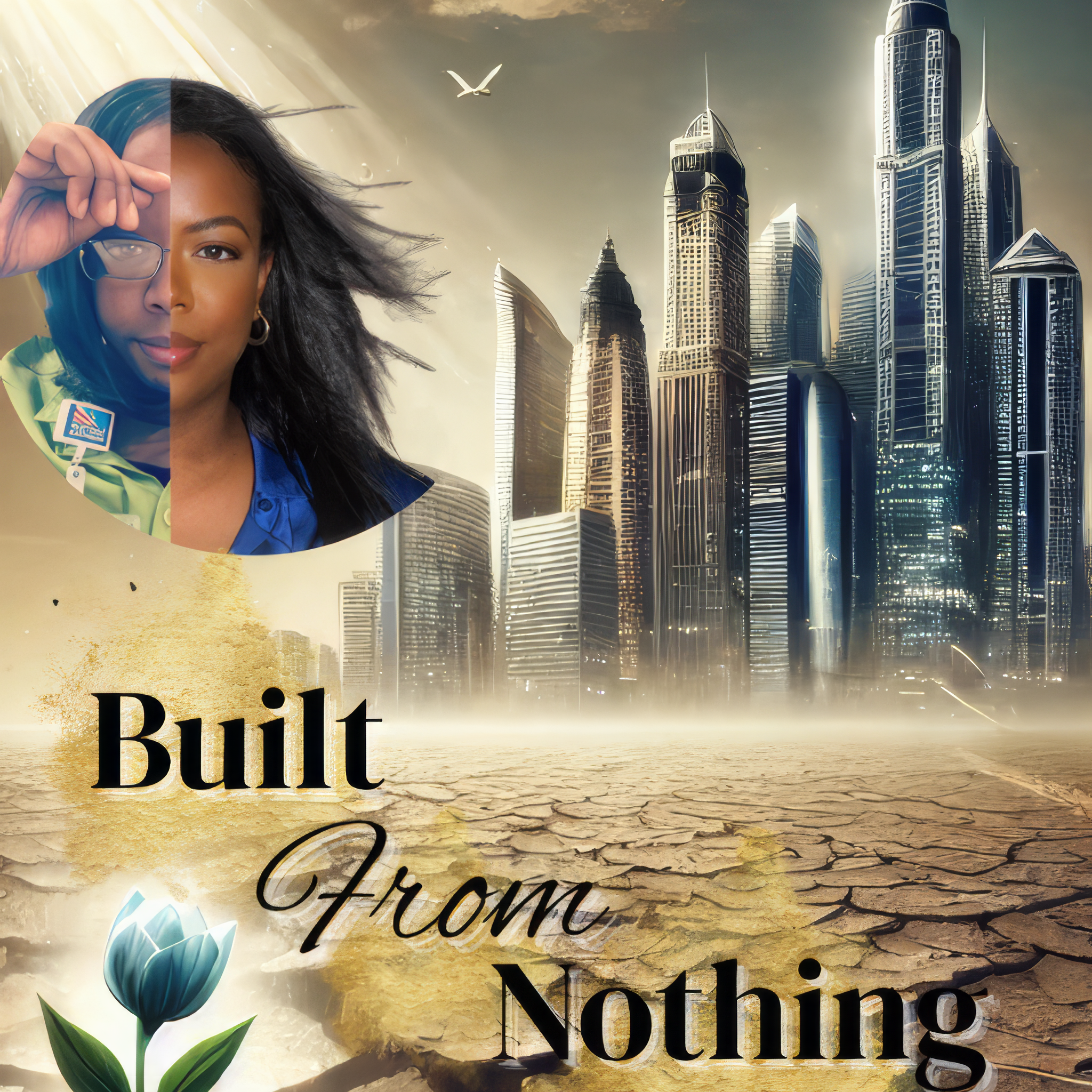 Book cover of 'Built From Nothing' with a woman, cityscape, and flower graphic.