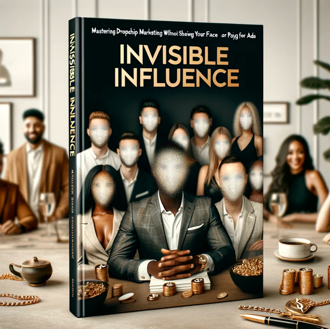 Book titled 'Invisible Influence' with a group of people in the background