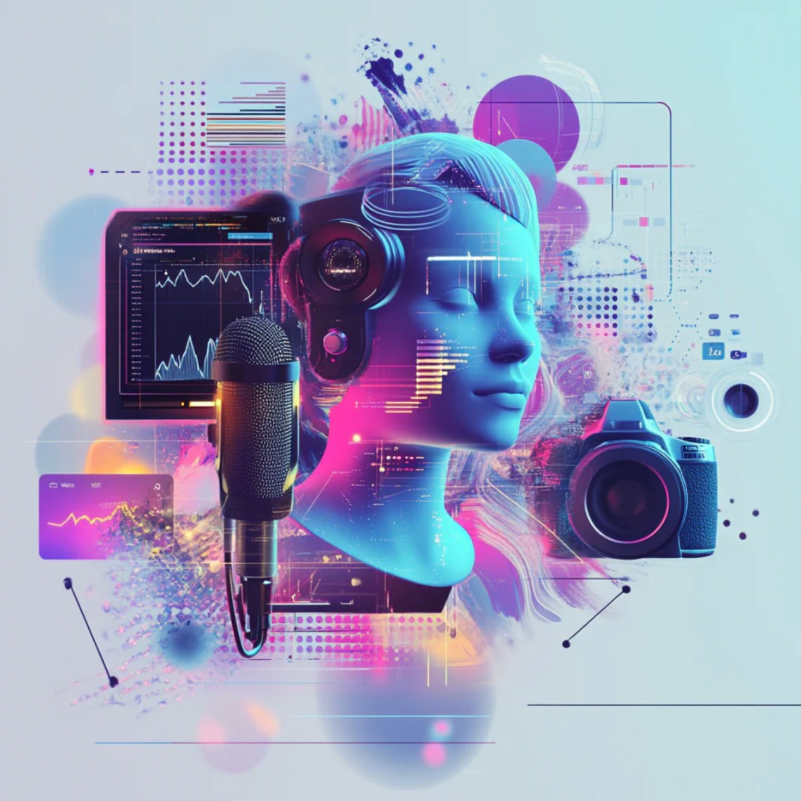 Digital art of a stylized human head with futuristic elements, including a microphone, camera, and computer screens. faceless marketing  bundle