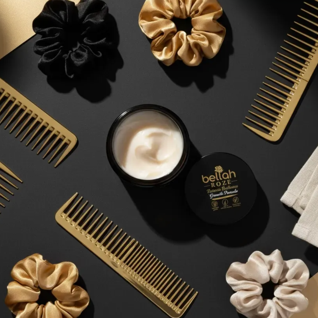 Hair care products including scrunchies, a jar of cream, and combs on a black surface with 'bellah ROSE' branding.