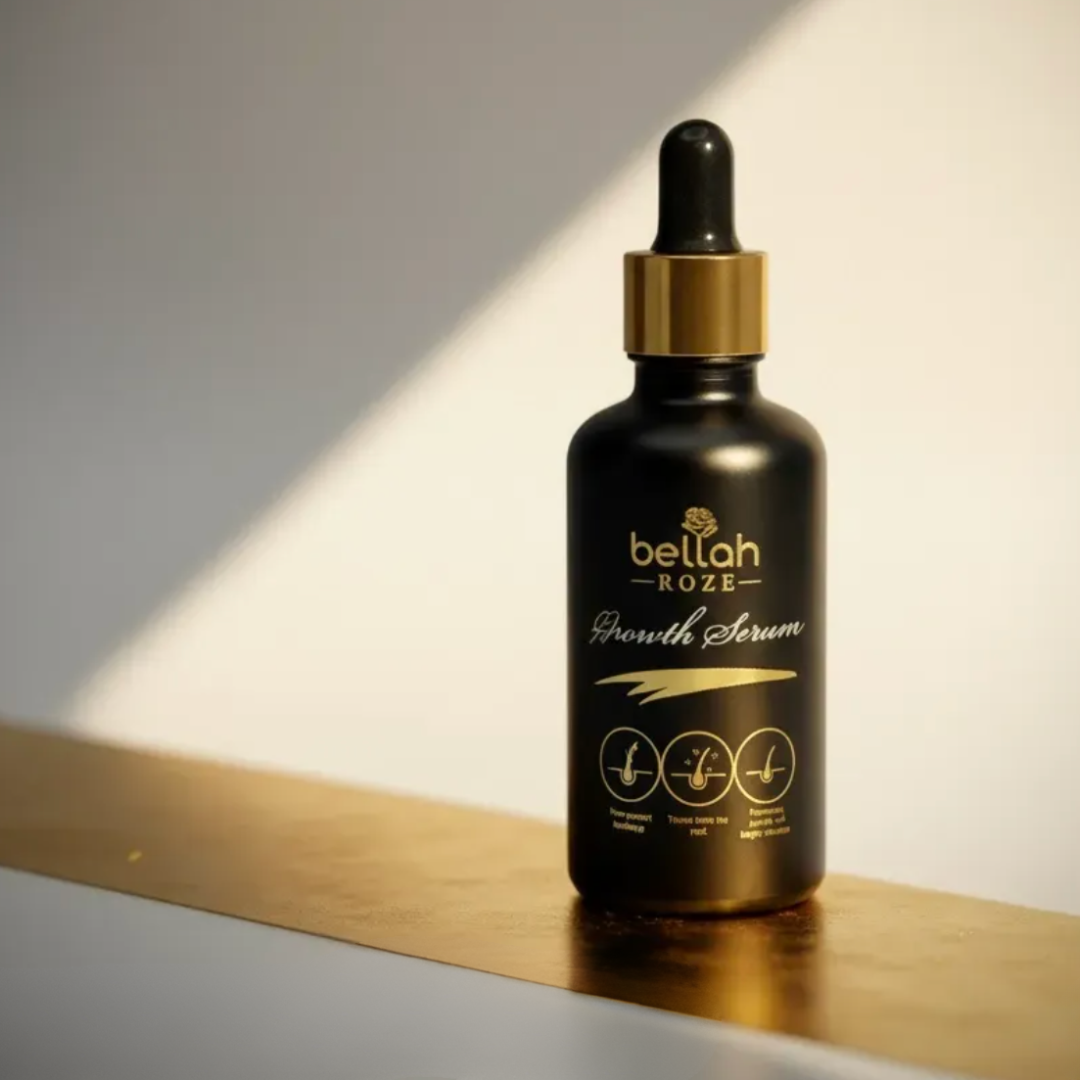 Black serum bottle with dropper labeled 'bellah ROZE' on a reflective surface with soft lighting.
