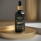 Black serum bottle with gold cap on a gold tray against a neutral background
