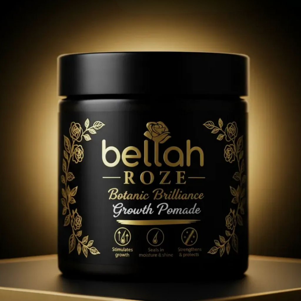 Jar of bellah ROZE Botanic Brilliance Growth Pomade on a dark background